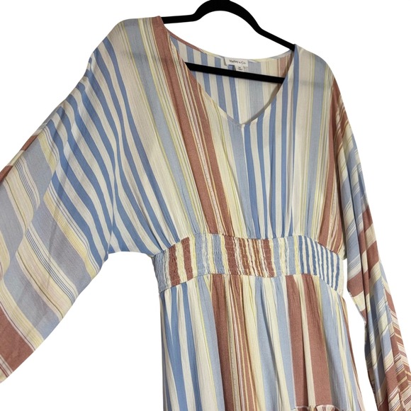 Hailey & Co Striped V Neck Smocked Waist Tiered Ruffle Dress Women's Sz M Boho - Picture 3 of 10
